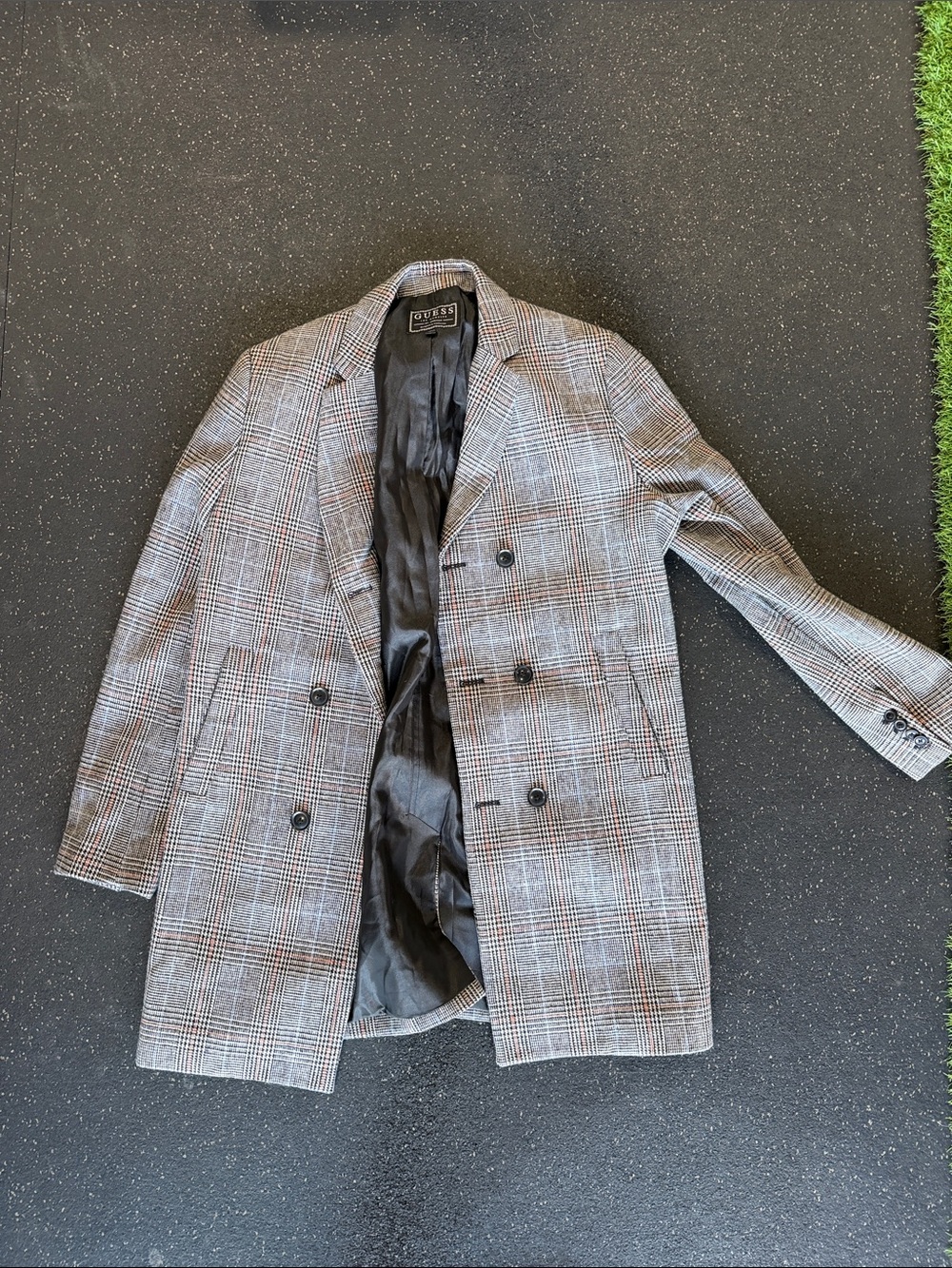 Guess Men's Gray Plaid Double-Breasted Blazer